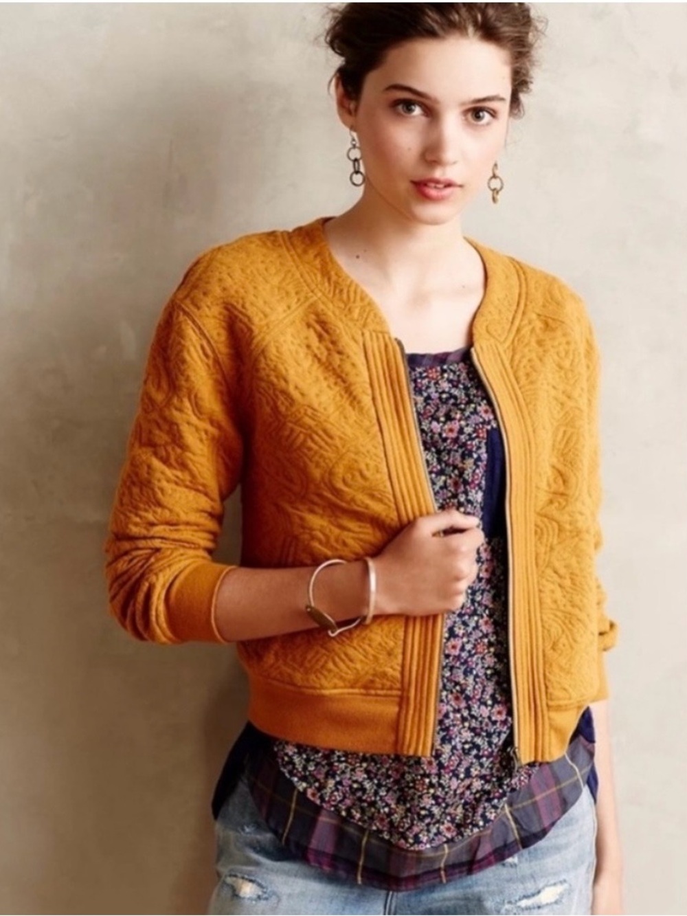 Anthropologie Saturday Sunday Quilted Bomber Jacket Small Mustard Cozy Comfy
